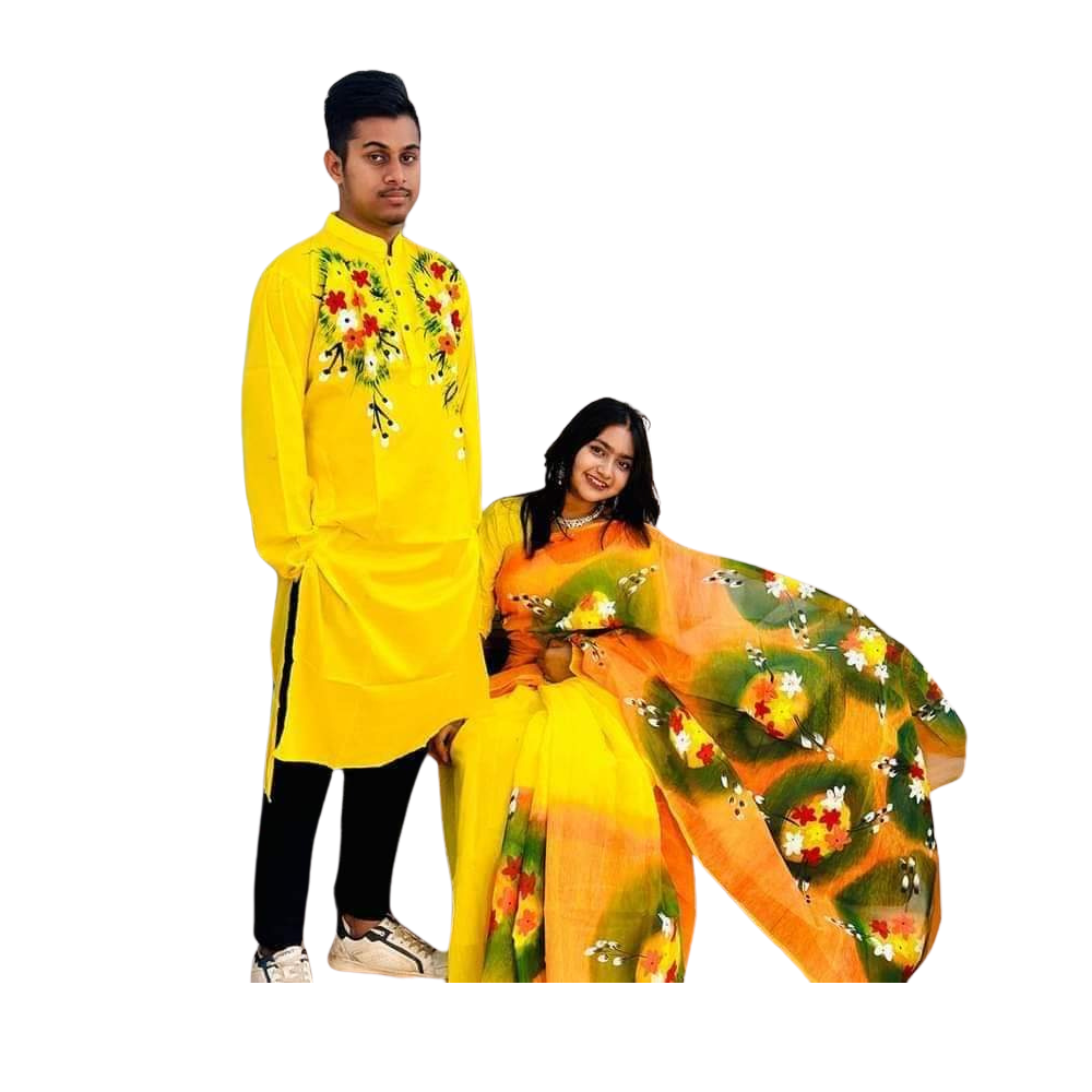 Cotton Silk Saree and Dhupian Cotton Panjabi Couple Dress - Yellow - SC47