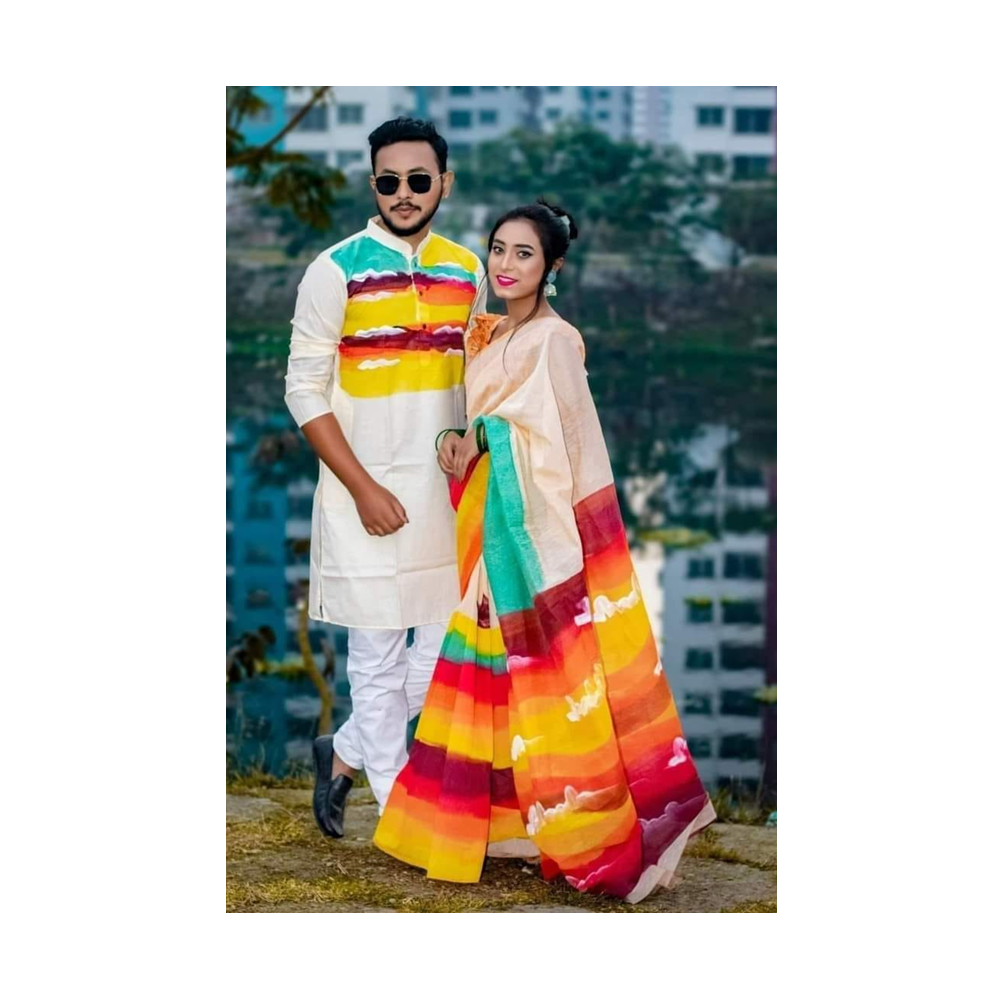 Hand Printed Half Silk Saree and Dhupian Cotton Panjabi For Couple Set - BAN066