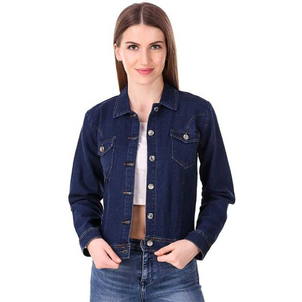 Denim Full Sleeve Winter Jacket For Women - Navy Blue - LJJ-20