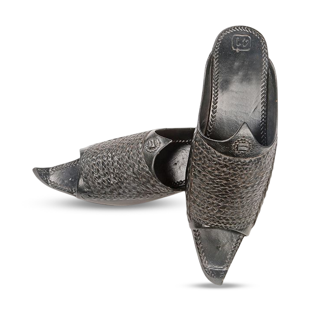 Leather Chelli Nagin Half Cut Nagra Shoe For Men - Black - PL-005