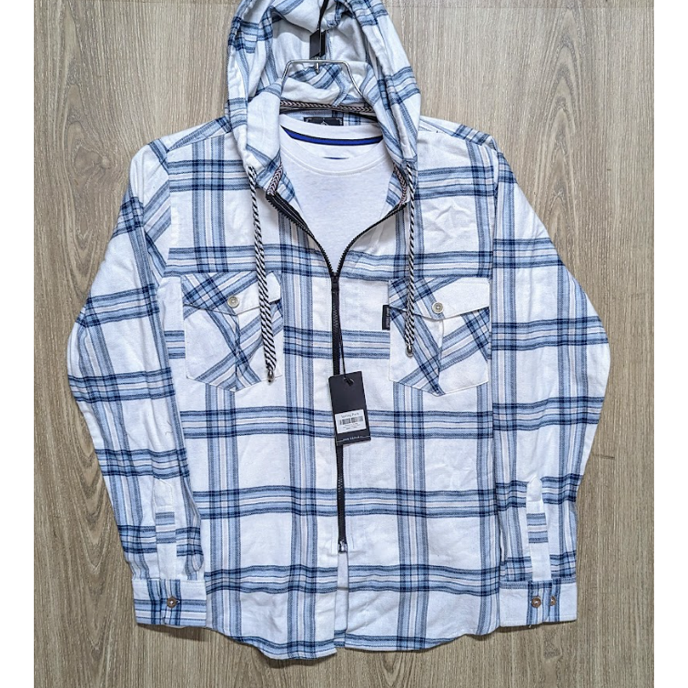 Flannel Cotton Hooded Shirt - White - SP0008