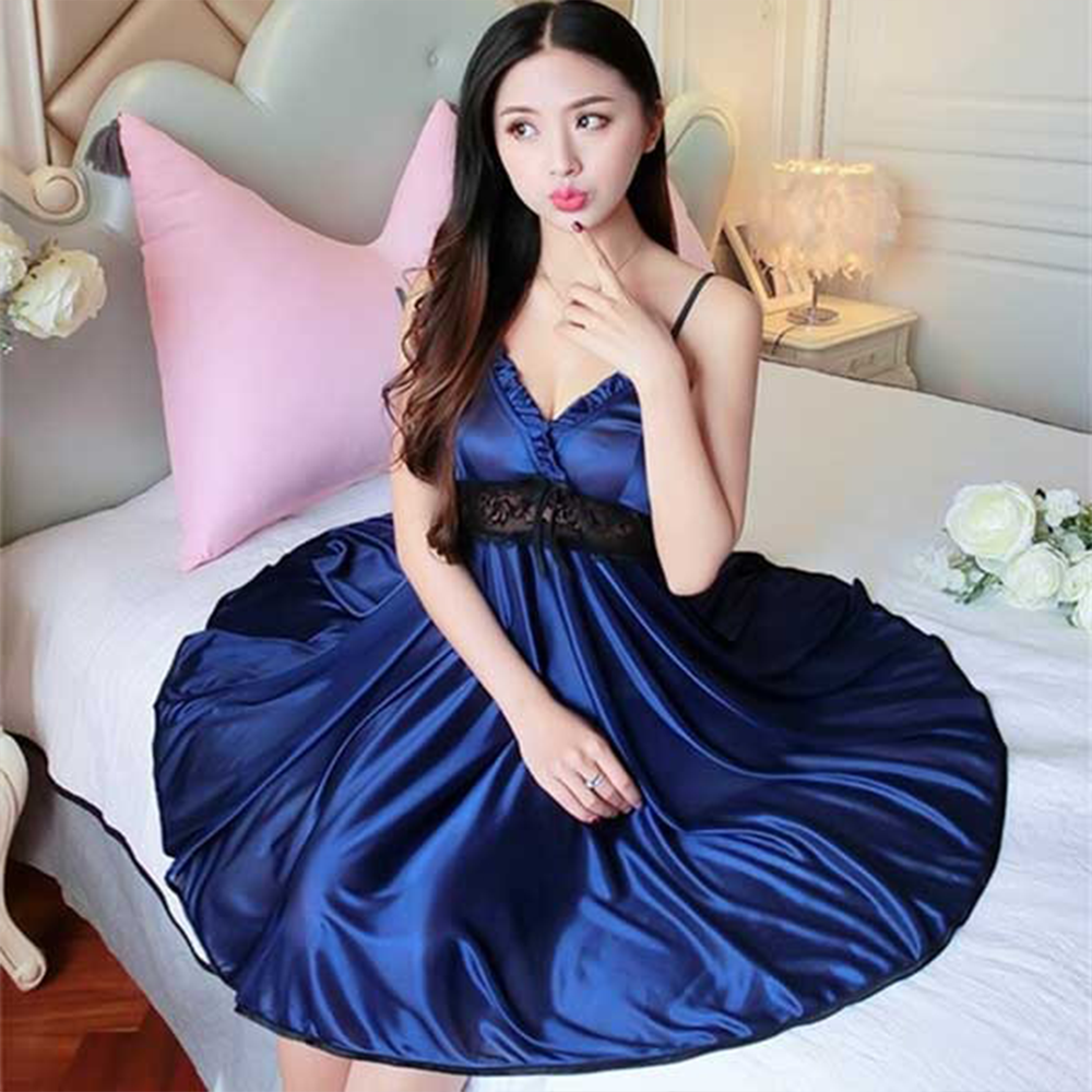 Silk Satin Sleepwear Night Dress With Panty Deep Blue ND 45