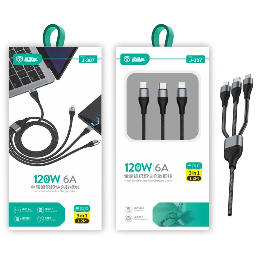 CASIFY J307 120W Multi Charging Cable 3 in 1 Fast Charging Cable - Black