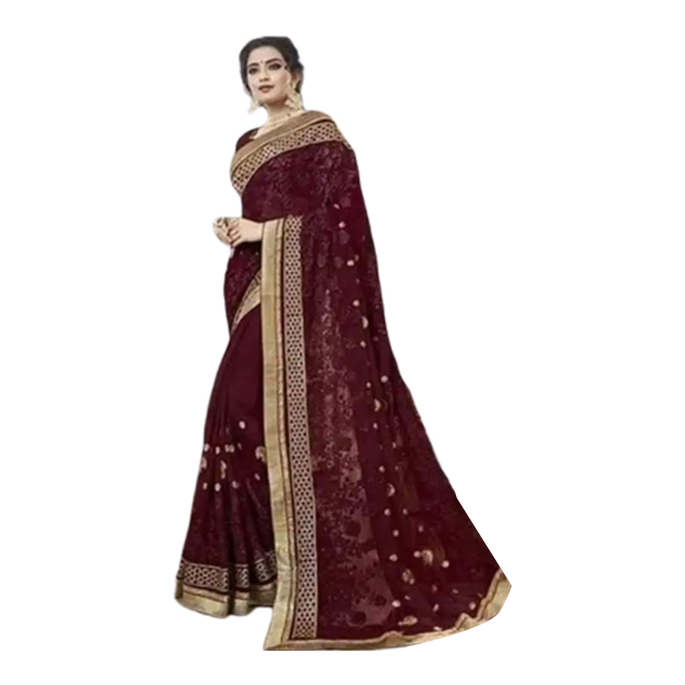 Weightless Georgette Embroidery Worked Saree With Blouse Piece For Women - Maroon - SJ-65