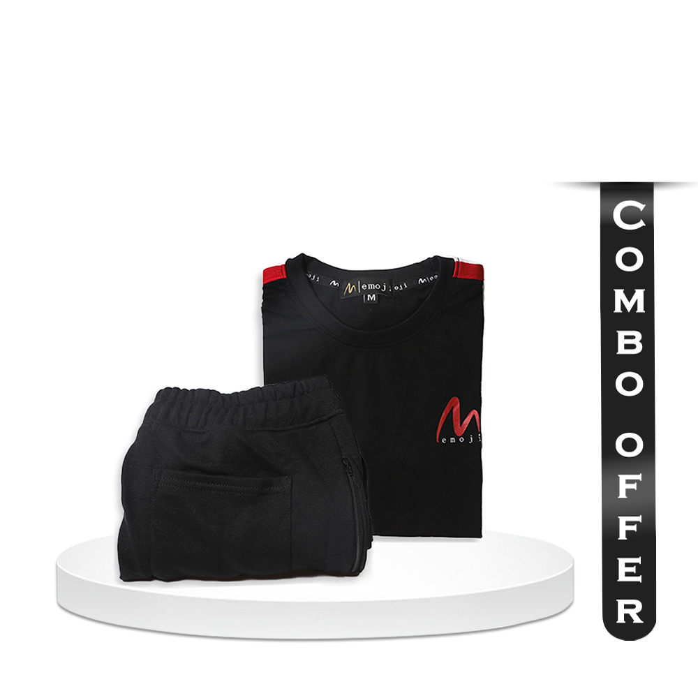 Combo Of Cotton Half Sleeve T-Shirt & Terry Joggers For Men - Black - EMJ#BTBJC