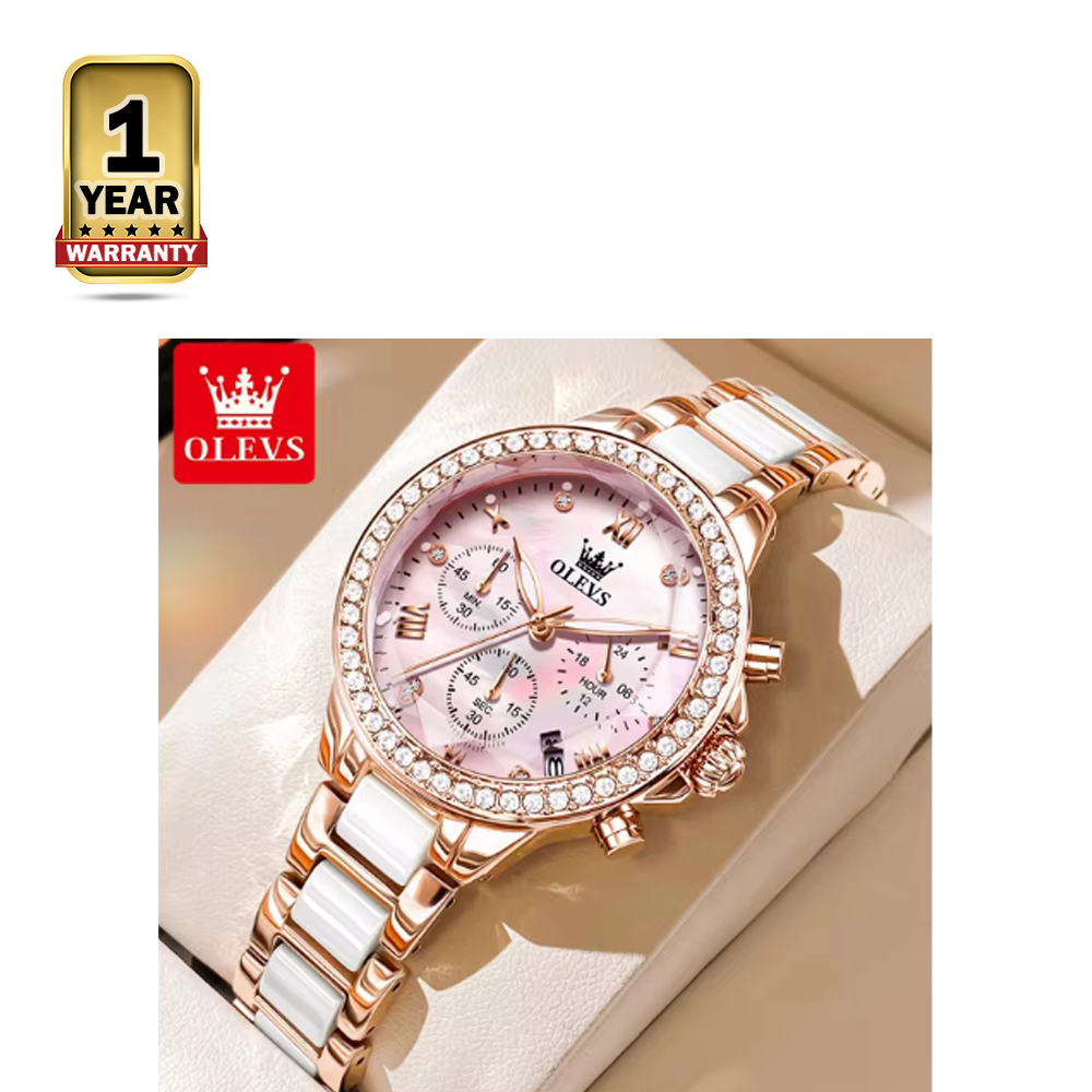 Olevs 9999 Ceramic Chronograph Wrist Watch For Women - White Rose Gold