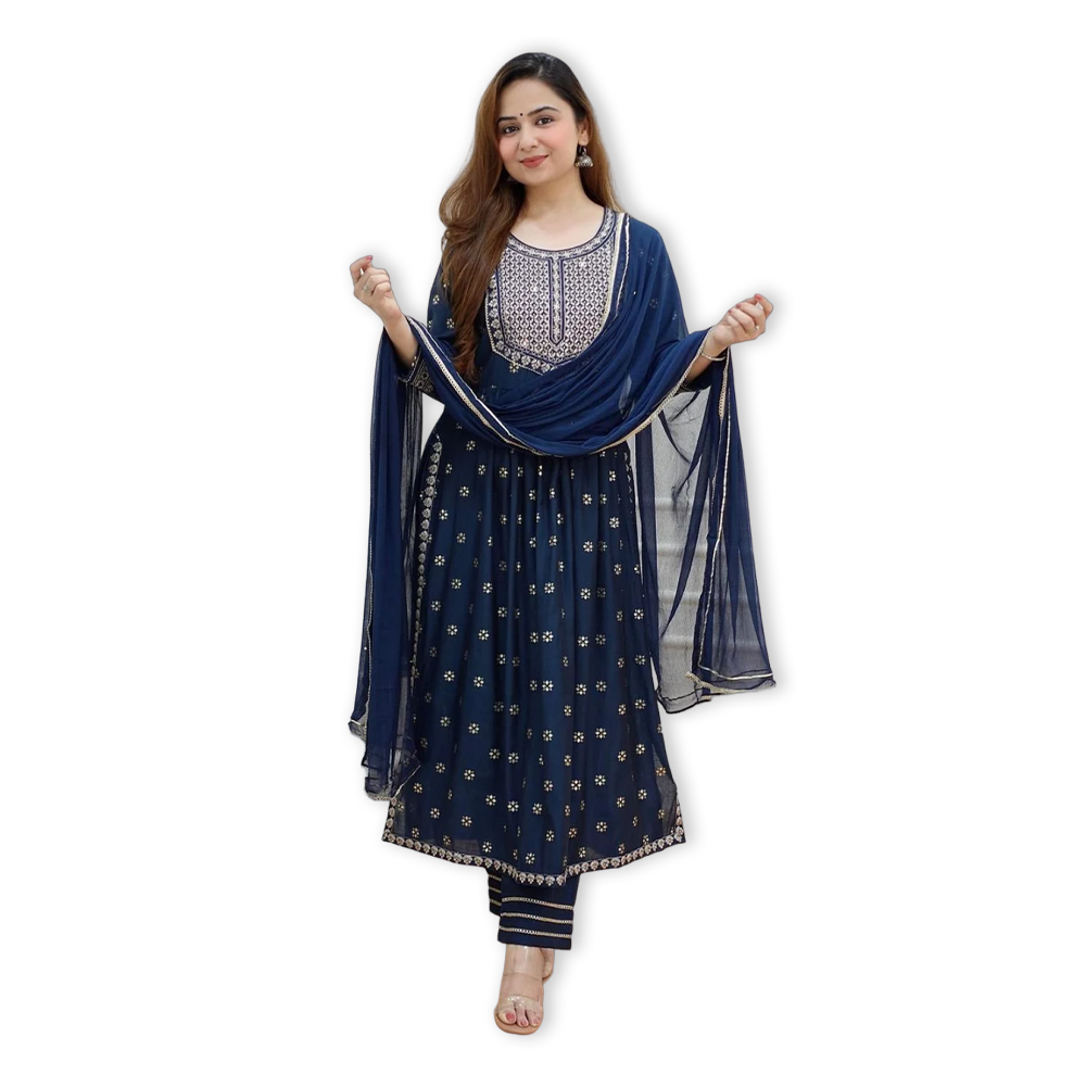 Cotton Naira Cut Embroidery Readymade Salwar Kameez For Women - Navy Blue