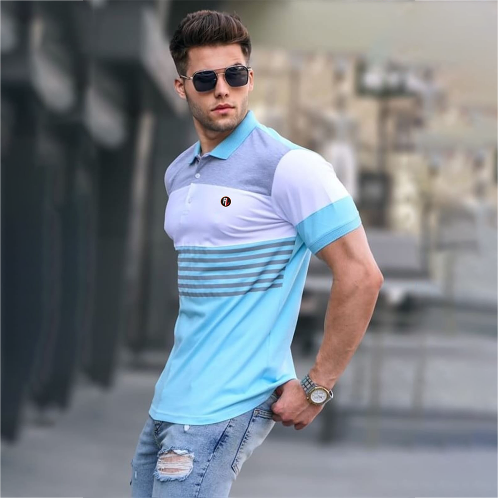 Pique Cotton Half Sleeve Polo Shirt For Men - White And Sky Blue - AL-A3