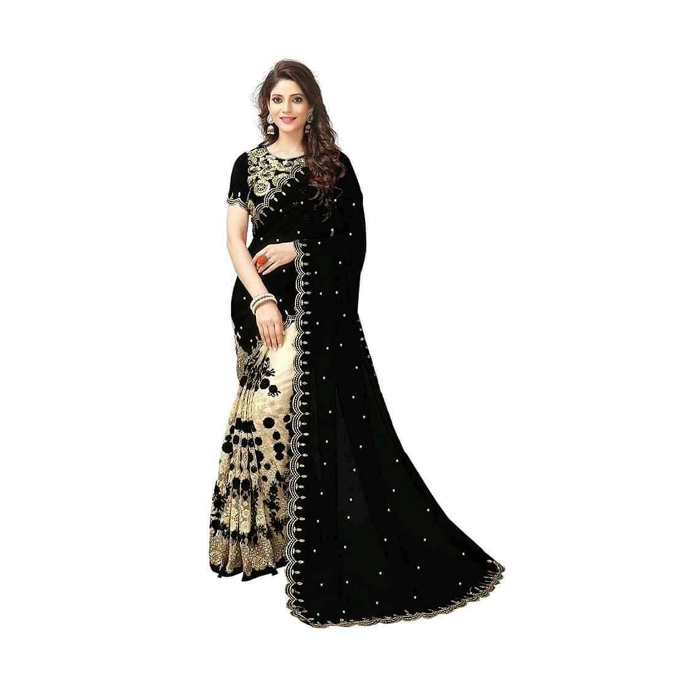 Embroidery Work Weightless Georgette Saree With Blouse Pcs For Women - Black and Cream