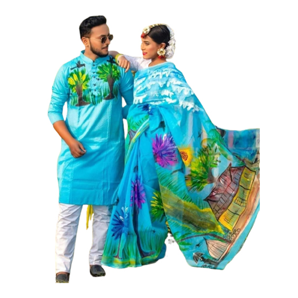 Hand Print Couple Set Saree With Panjabi - White And Green - CS-68