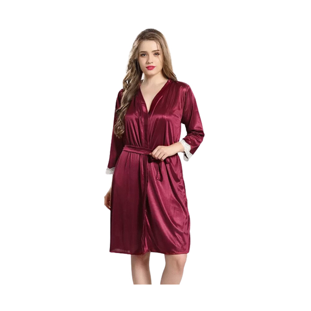 Satin Two Part Night Wear For Women - Maroon - ND-21