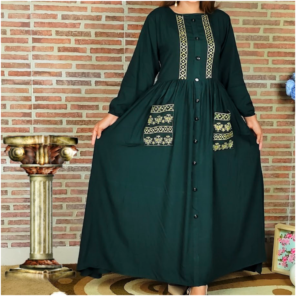 Linen Embroidery One Piece For Women - Bottle Green - 24640