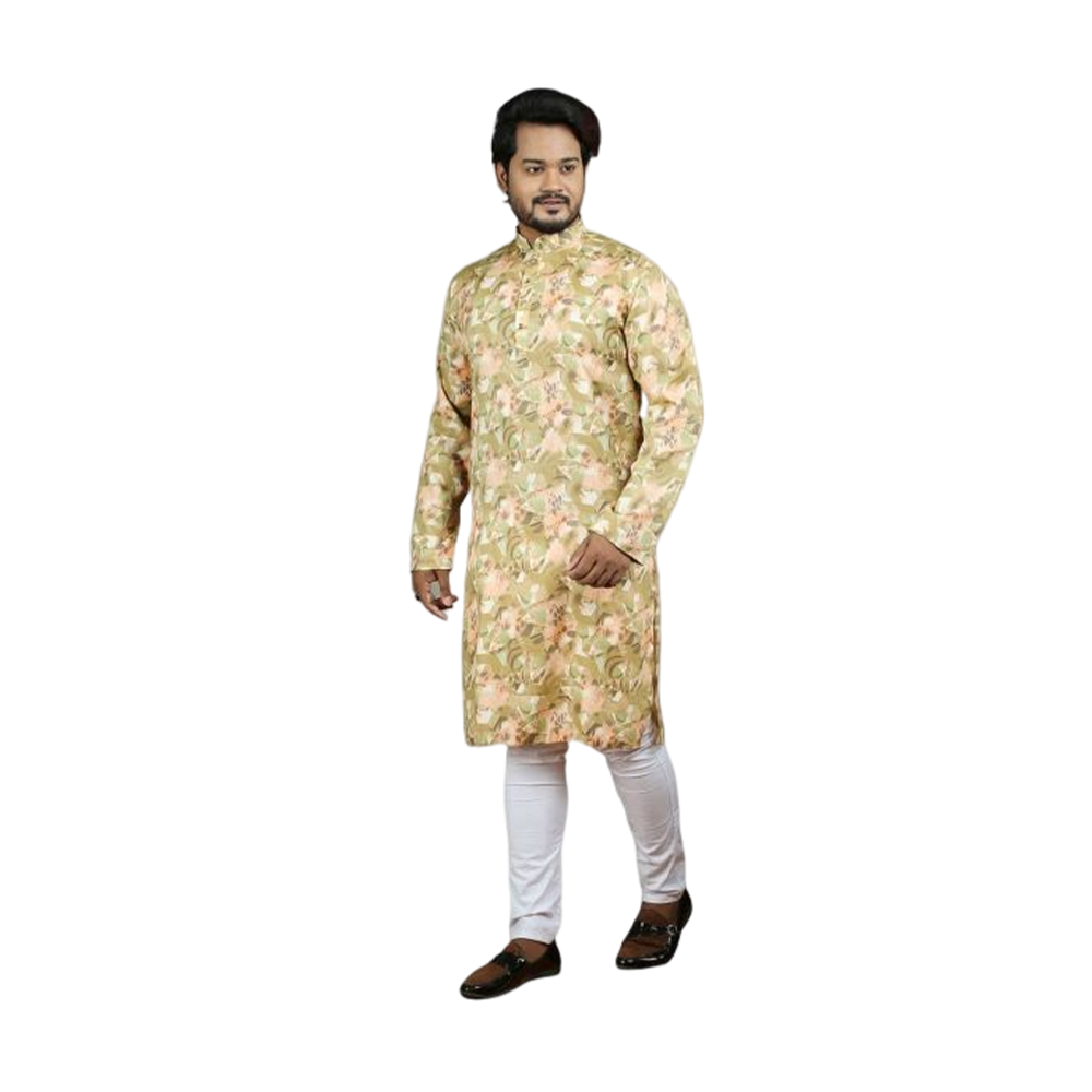 Lelin Cotton Semi Long Panjabi For Men - Olive - PI-04