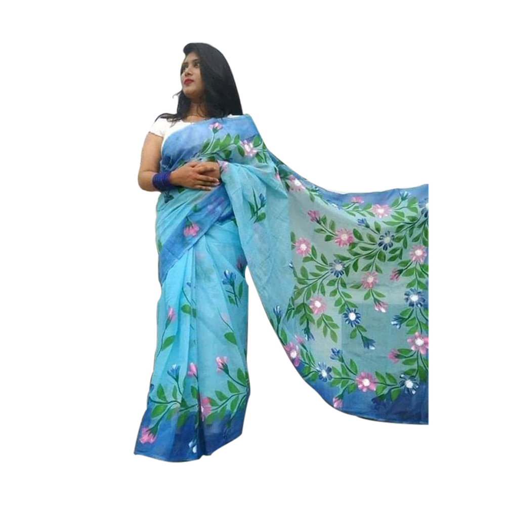 Half Silk Hand Print Sharee For Women - Sky - SP-02