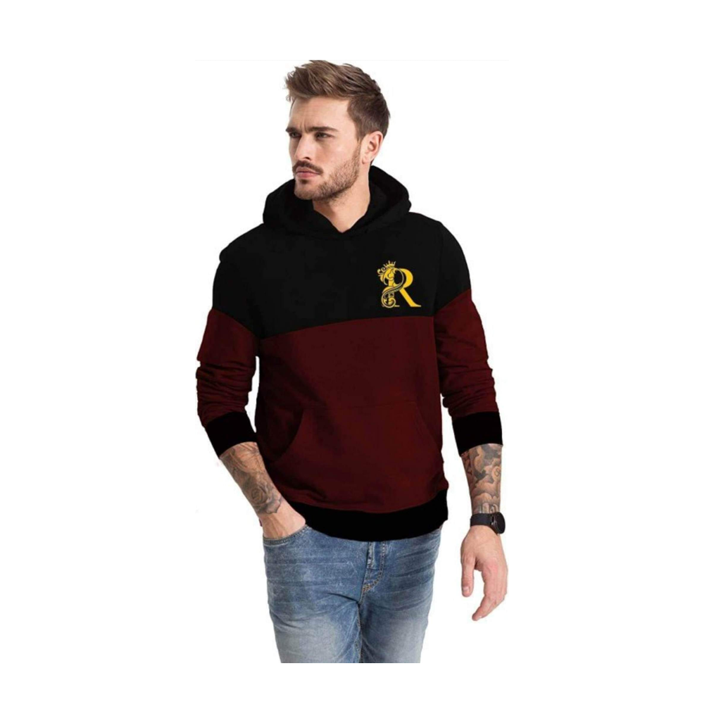 Cotton Fleece Hoodie Jacket for Man - Black And Maroon - H-36