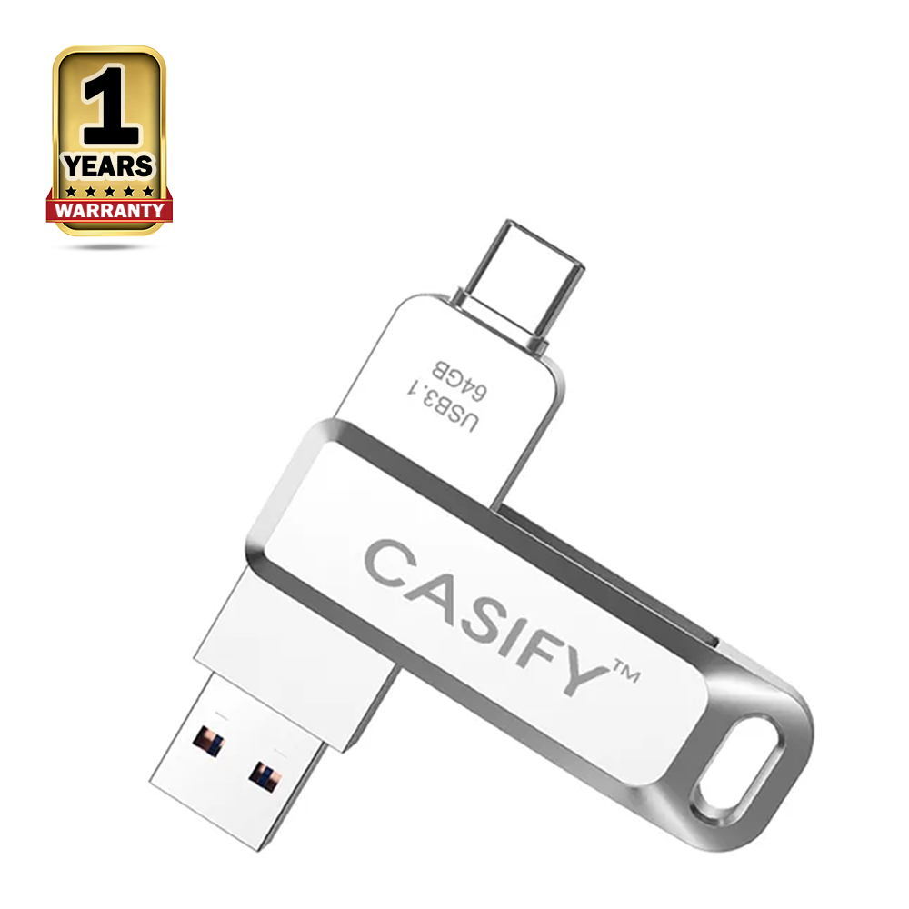 Casify P4 Dual Plug Type C to USB 3.0 Metal Pen Drive - 64 GB - Silver