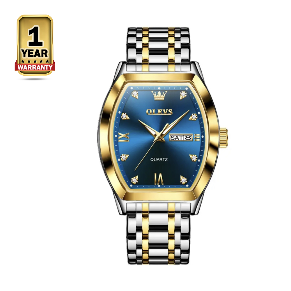 OLEVS 5528 Stainless Steel Dual Calendar Luxury Quartz Watch For Men - Blue and Golden Silver
