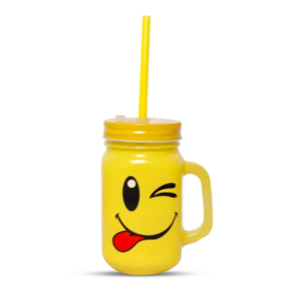 Emoji Glass Mason Jar With Lid And Straw - 450ml - Yellow