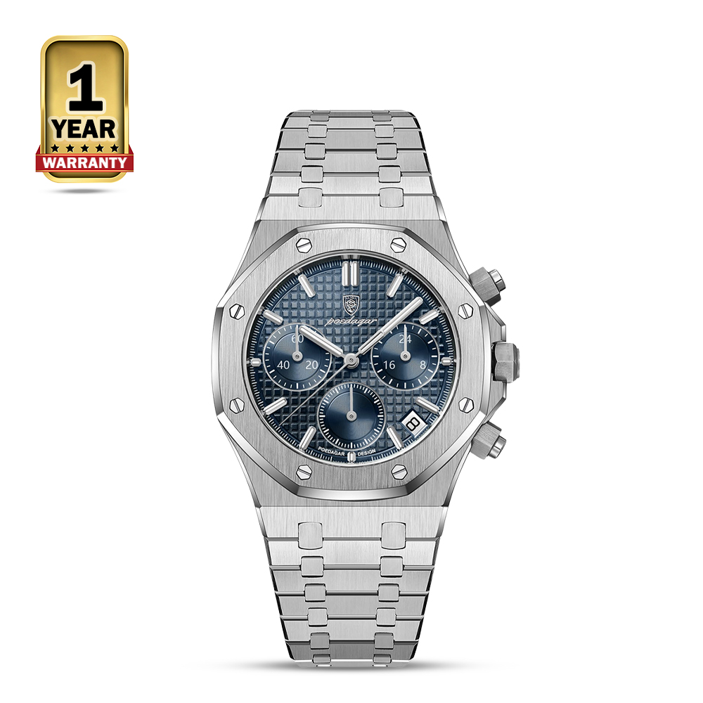 Poedagar 926 Stainless Steel Chronograph Wrist Watch For Men - Blue and Silver