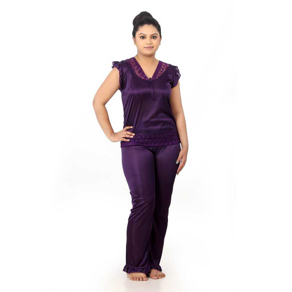 Satin Night Suit Top With Pajama - Violet - ND-85