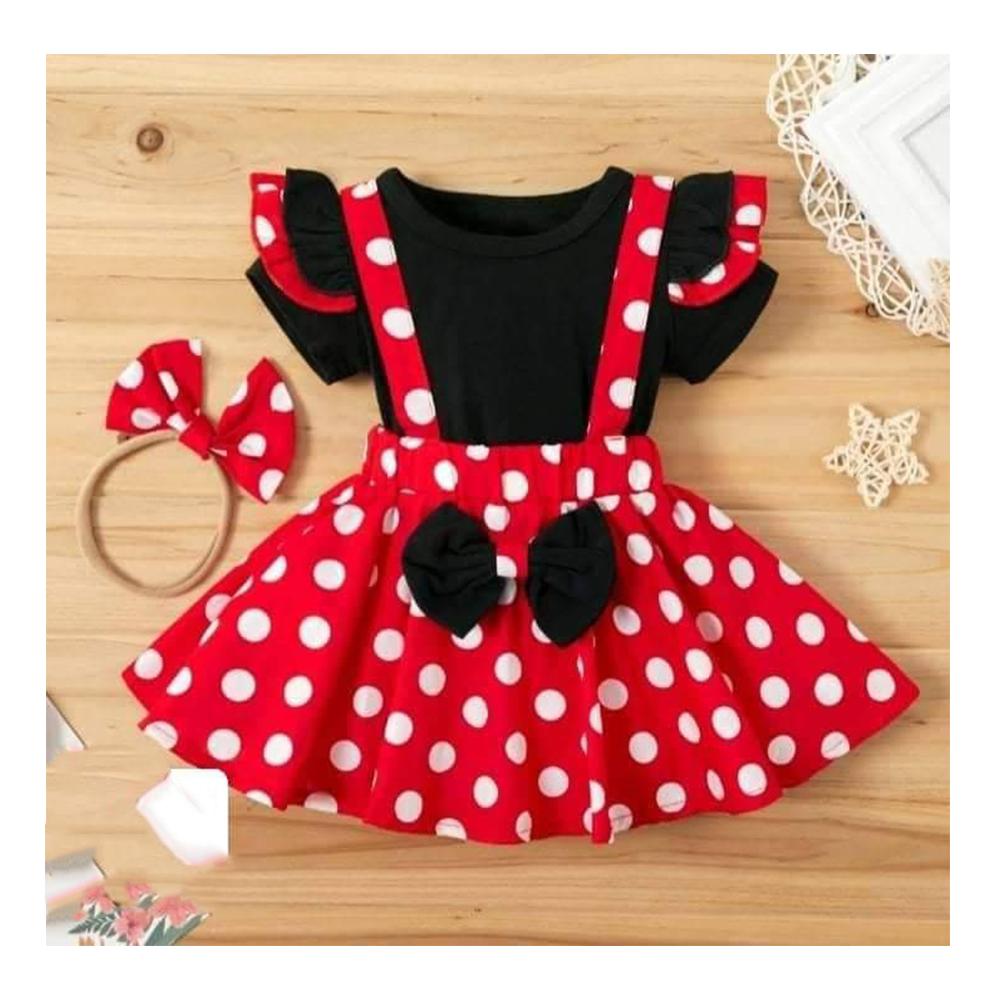 Linen Romper Frock for Girls - Red and Black