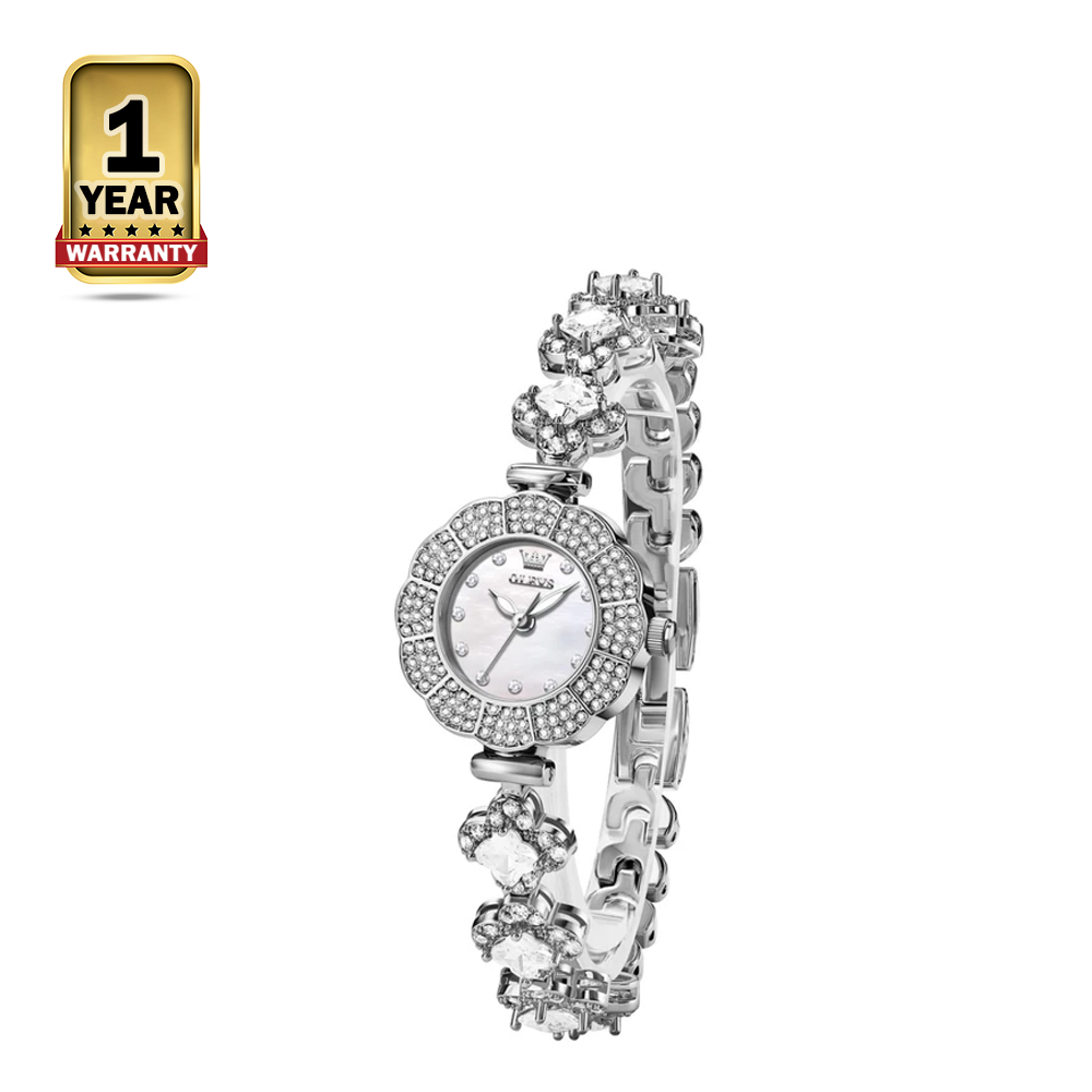 OLEVS 9813 Stainless Steel Wrist Watch For Women - Silver White 