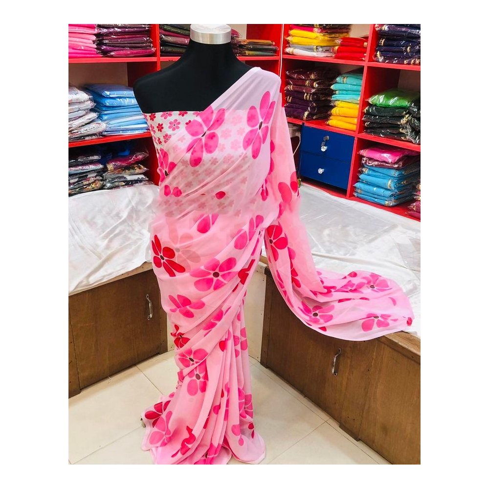 Soft Georgette Digital Print Saree With Blouse Piece For Women - Pink - Pinkflower