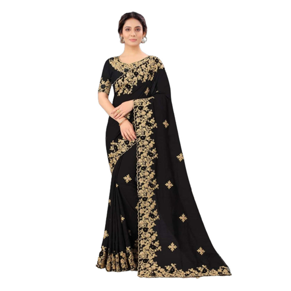 Soft Georgette Embroidery Saree With Blouse Piece For Women - Black - SJ-19