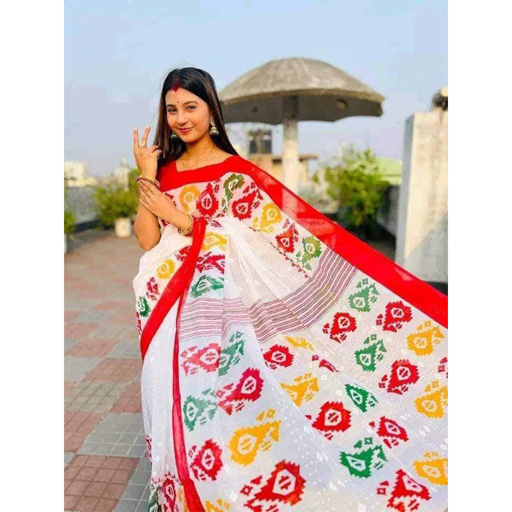 Half Silk Screen Print Saree For Women - Multicolor - NF-3501