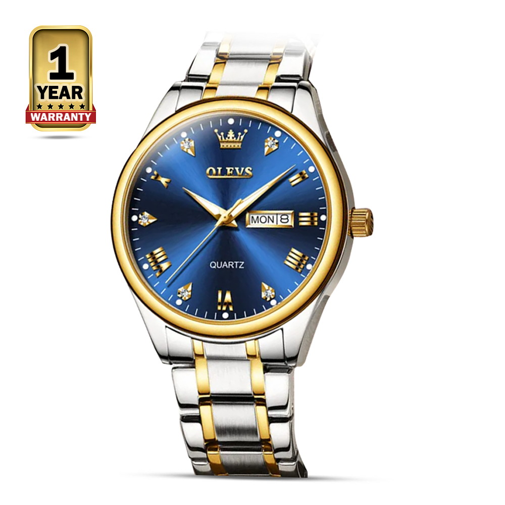 Olevs 5563 Stainless Steel Analog Wrist Watch For Men - Gold Silver And Blue