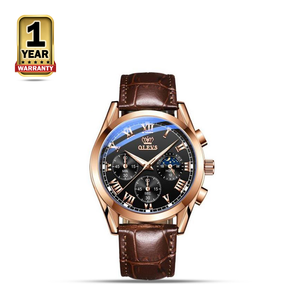 Olevs 2876 PU Leather Wrist Watch for Men - Brown