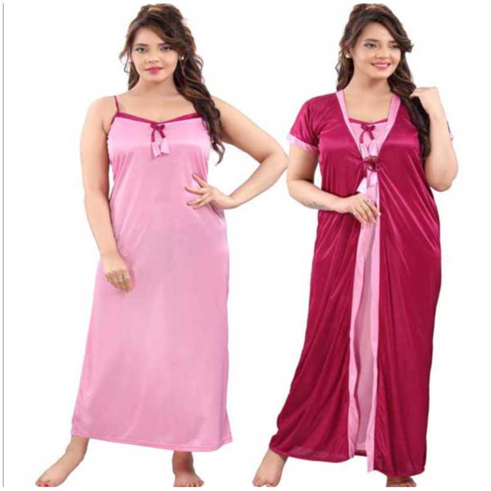 Satin Plain Long 2 part Nighty Dress With Robe - Maroon And Pink - N_3007
