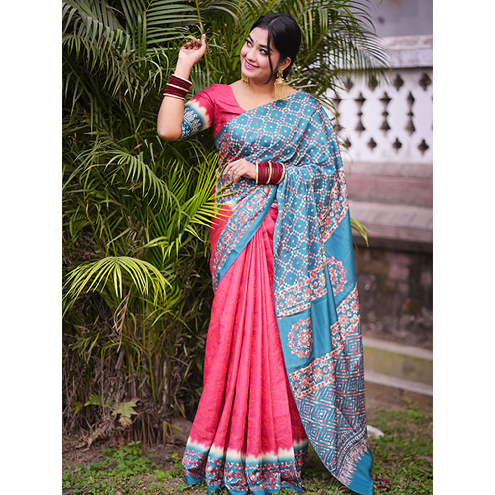 Semi Moslin Saree With Blouse Piece For Women - Multicolor - SF-034
