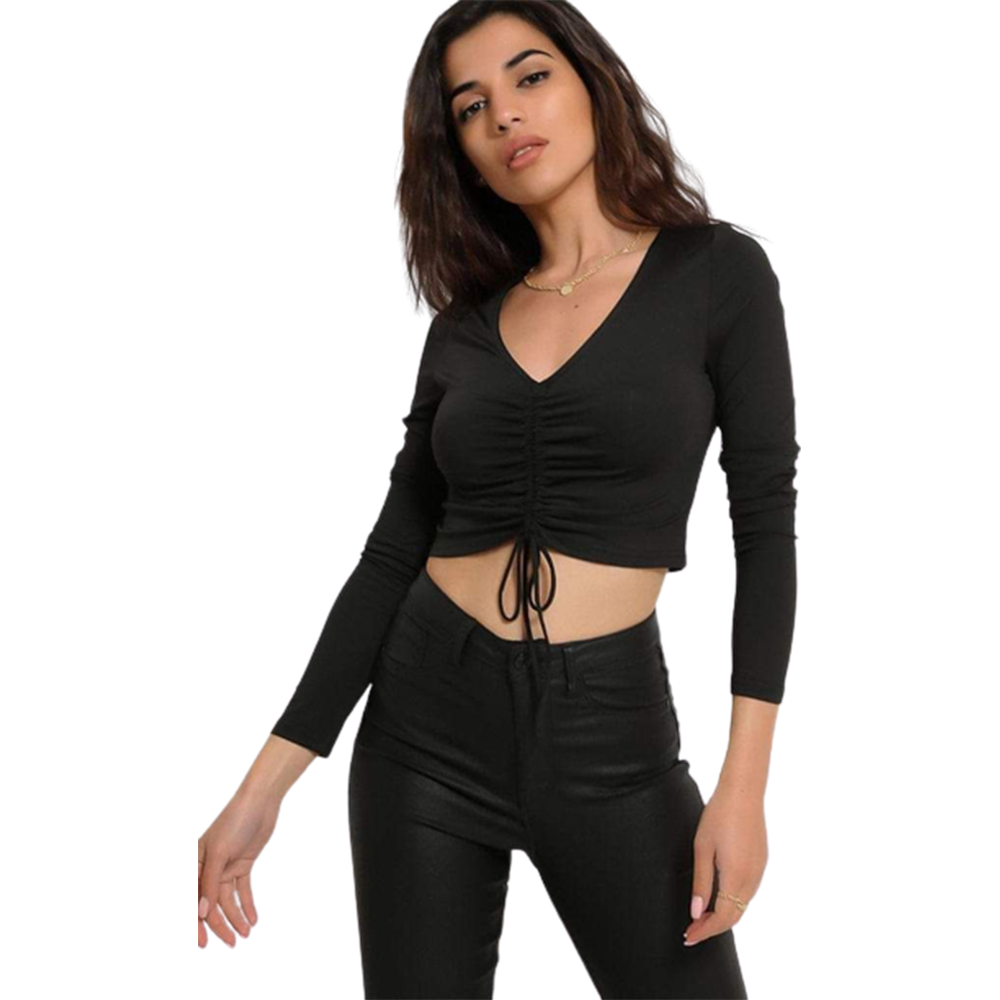 Cotton Crop Tops Full Sleeve Blouse For Women - Black - TP-20