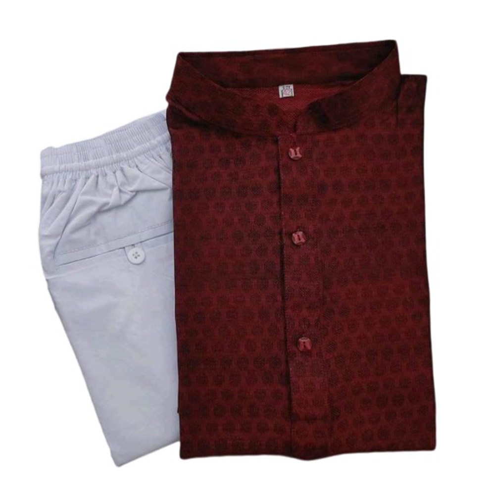 Cotton Printed Semi Long Panjabi Payjama Set For Men - Maroon and White