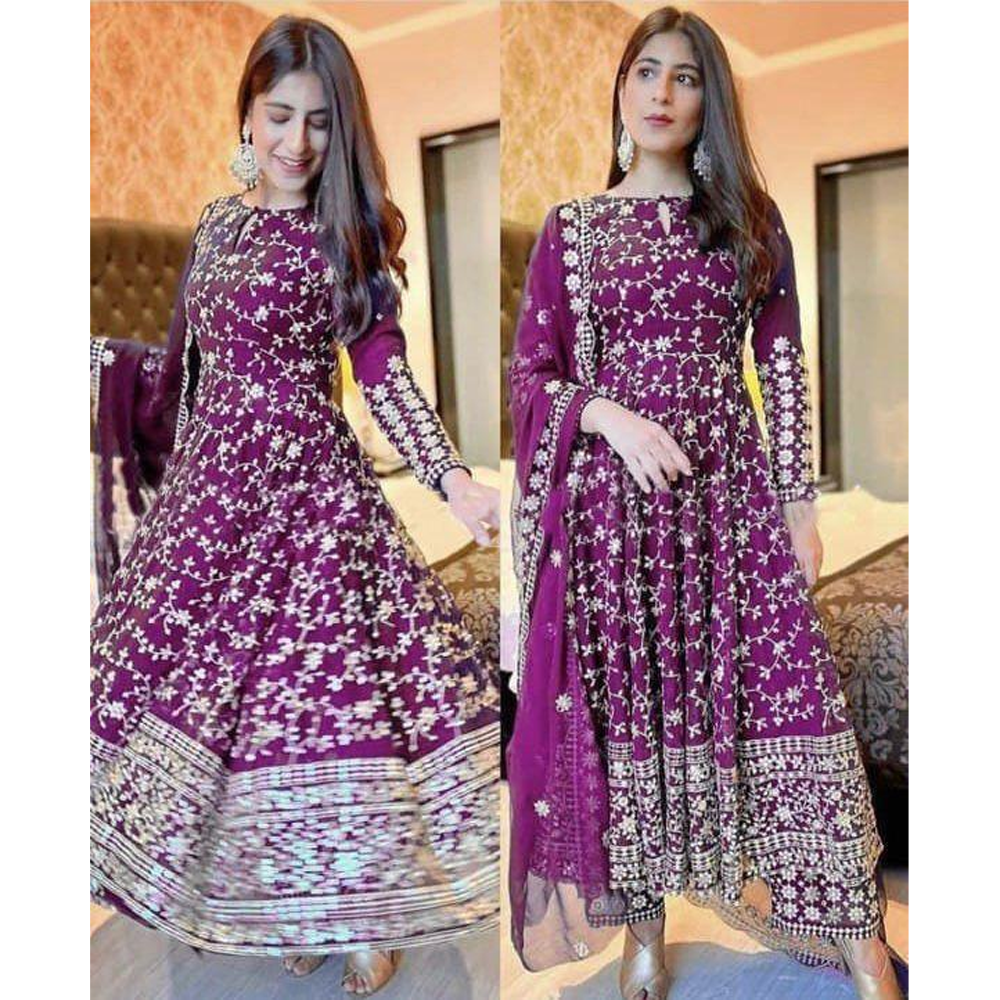 Semi Stitched Embroidery Georgette Long Anarkoli Party Dress For Women