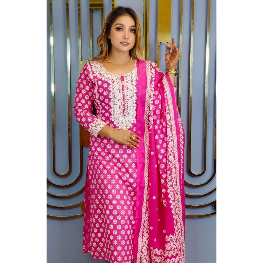 Unstitched Cotton Afsan Screen Print Salwar Kameez For Women - Light Pink