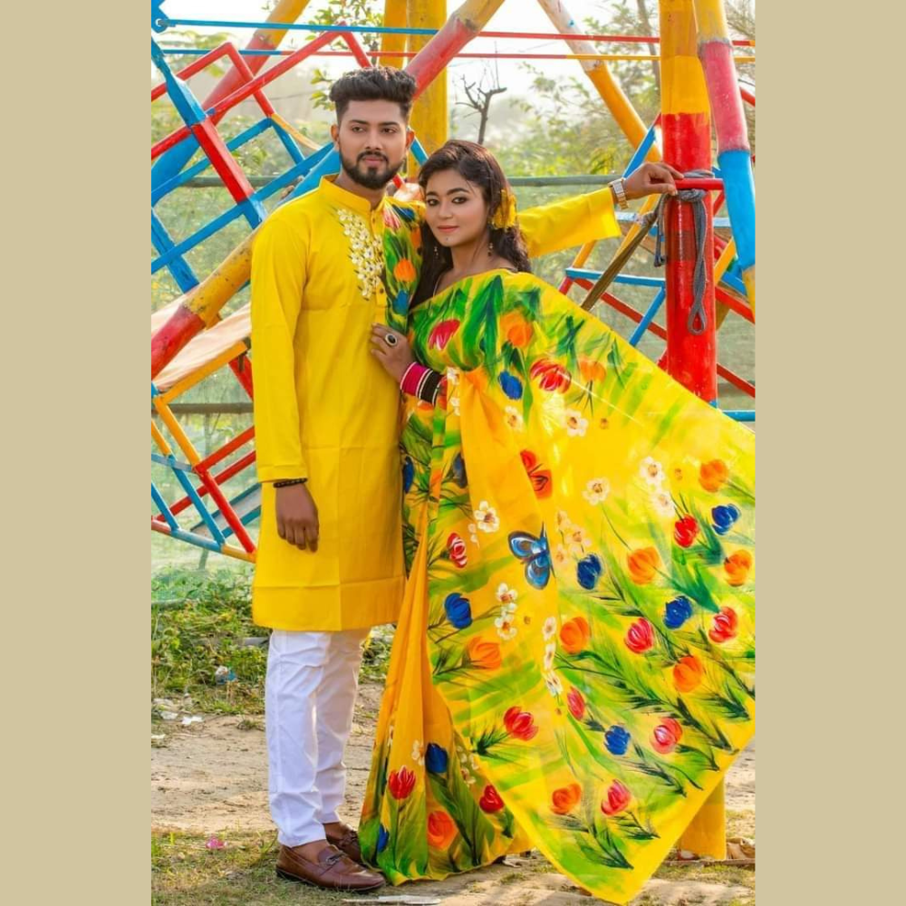 Half Silk Block Print Saree and Silk Cotton Panjabi For Couple - CS02