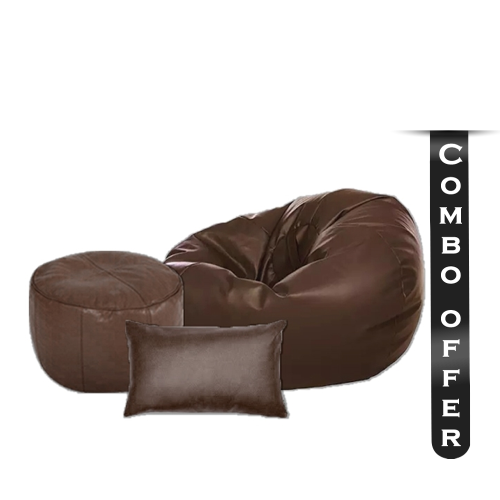 Combo of 3 Pcs Pumpkin Artificial Leather Beanbag With Footrest and Pillow - XXL - Brown 