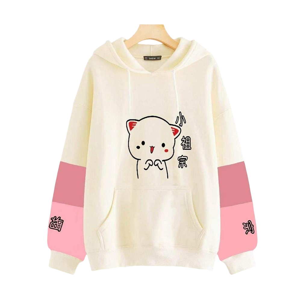 Cotton Hoodie Jacket For Women - White And Pink - HL-14