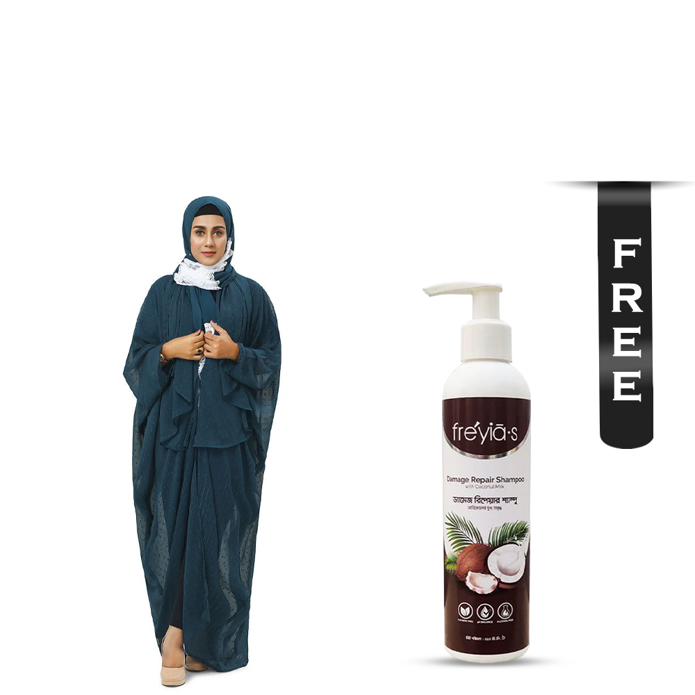 Buy Hiba Buta Georgette Abaya for Women - 0823 000226 - Teal and Get Freyias Damage Repair Shampoo with Coconut Milk - 220ml Free	