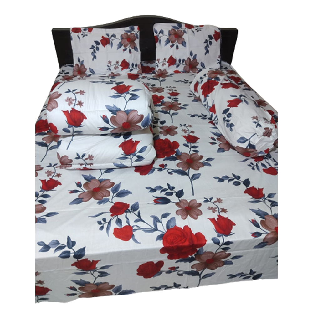 Twill Cotton King Size Five In One Comforter Set - White and Red - CFS-106