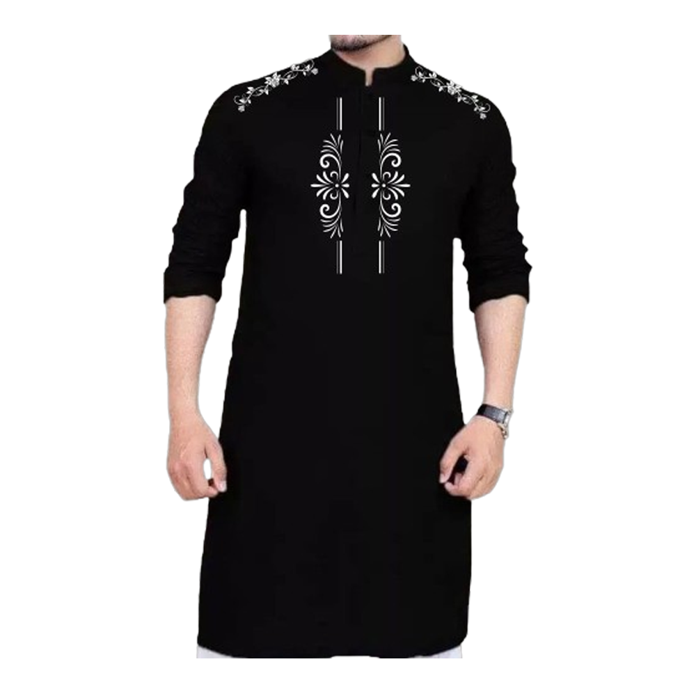 Dupion Silk Semi Long Lilen Printed Panjabi for Men - Black