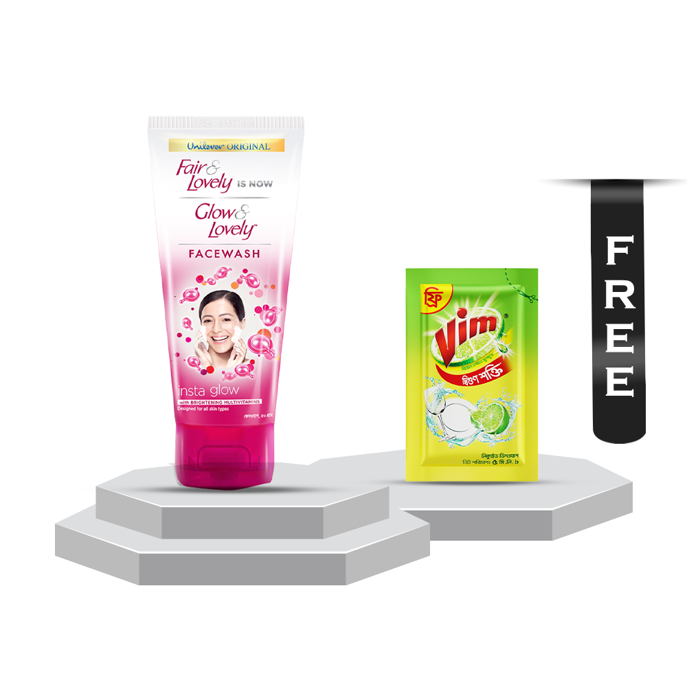 Glow & Lovely Instaglow Facewash with Multivitamins - 50gm With Vim Liquid Dish Washer - 5ml Free