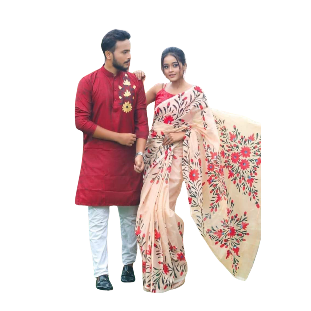 Cotton Silk Saree and Dhupian Cotton Punjabi Couple Dress - Misty Rose & Red - SC59