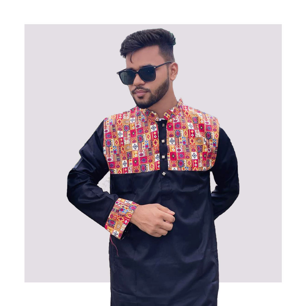 Dupian Silk Semi Long Combine Casual Panjabi For Men - Navy Blue