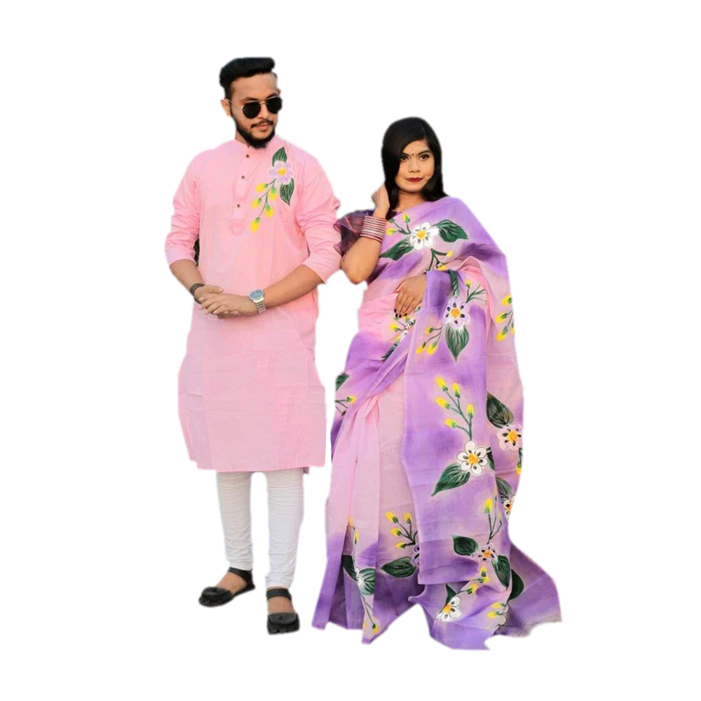 Half Silk Sharee and Cotton Punjabi Set For Couple - Pink/Purple - CS-25