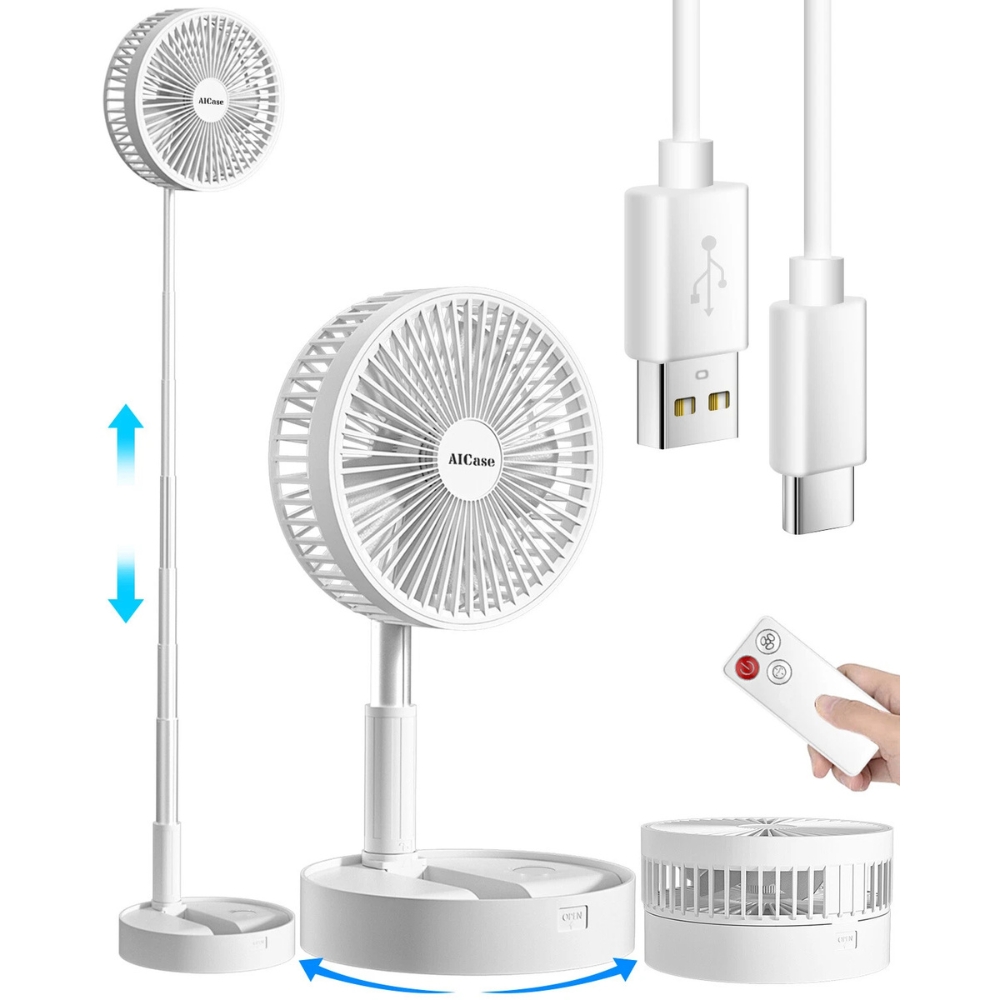 AICase P9S Portable Folding Rechargeable Floor Standing Fan with Remote Control - White