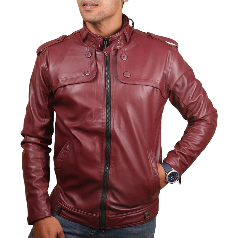 Artificial Leather Jacket For Men - Maroon - Vip-7