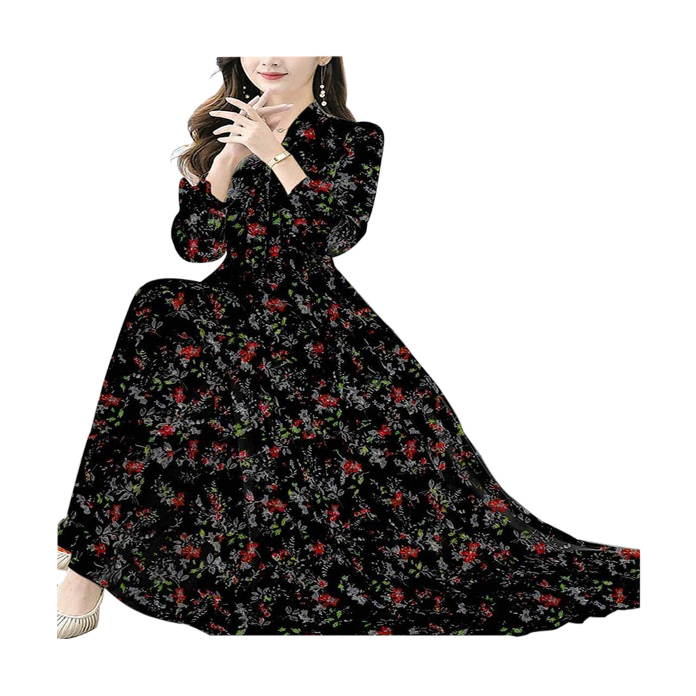 Linen Screen Print Fashionable Long Gown For Women - Black - G-N10
